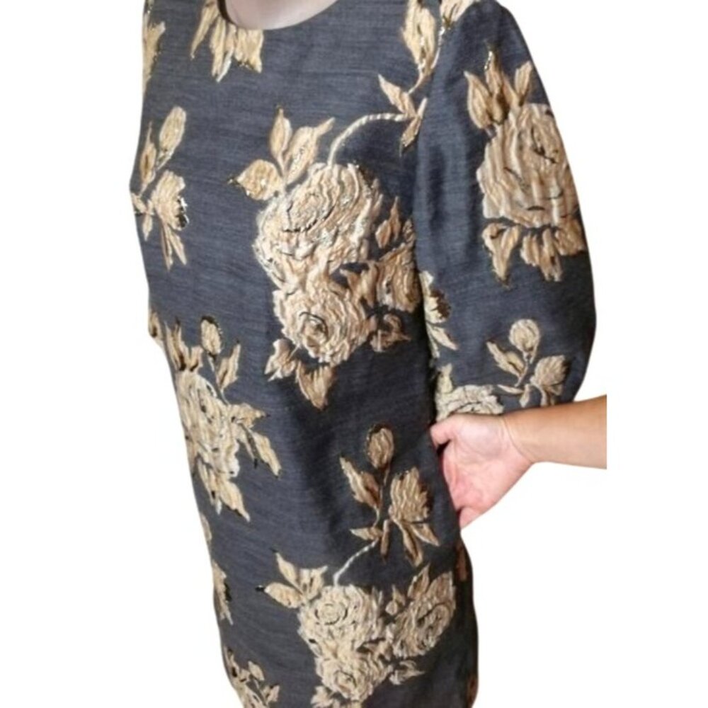 Irene Klarie Floral Embroidered Shift Dress Size UK42 US 8 M Gray Jacquard Gold - Picture 14 of 15